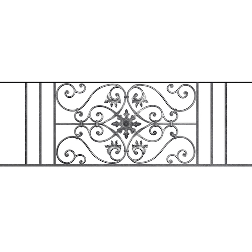 Appui de fenêtre type AF002 à sceller dans votre tableau de fenêtre. Longueur finie de 1490mm et Hauteur finie de 502mm. Convient pour les tableaux de fenêtre de 1390mm. 50mm de scellement sont prévue de chaque côté. Main courante laminée de 1390mm de long en fer forgé sur le dessus. Motif au centre de 830mm de long par 480mm de haut. Le reste de la structure est en acier carré plein de 14mm de section.