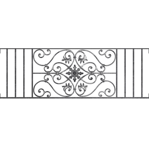 Appui de fenêtre type AF002 à visser dans votre tableau de fenêtre. Longueur finie de 1490mm et Hauteur finie de 502mm. Convient pour les tableaux de fenêtre de 1490mm. Main courante laminée de 1490mm de long en fer forgé sur le dessus. Motif au centre de 830mm de long par 480mm de haut. Le reste de la structure est en acier carré plein de 14mm de section.