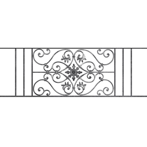 Appui de fenêtre type AF002 à sceller dans votre tableau de fenêtre. Longueur finie de 1500mm et Hauteur finie de 502mm. Convient pour les tableaux de fenêtre de 1400mm. 50mm de scellement sont prévue de chaque côté. Main courante laminée de 1400mm de long en fer forgé sur le dessus. Motif au centre de 830mm de long par 480mm de haut. Le reste de la structure est en acier carré plein de 14mm de section.