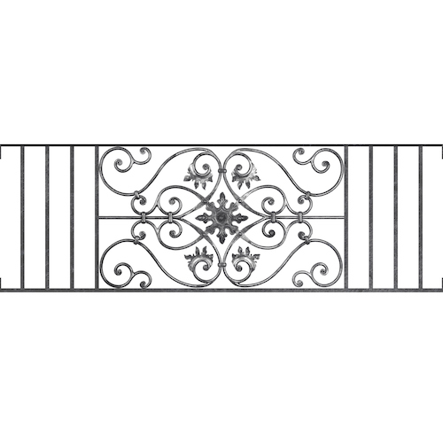 Appui de fenêtre type AF002 à visser dans votre tableau de fenêtre. Longueur finie de 1500mm et Hauteur finie de 502mm. Convient pour les tableaux de fenêtre de 1500mm. Main courante laminée de 1500mm de long en fer forgé sur le dessus. Motif au centre de 830mm de long par 480mm de haut. Le reste de la structure est en acier carré plein de 14mm de section.