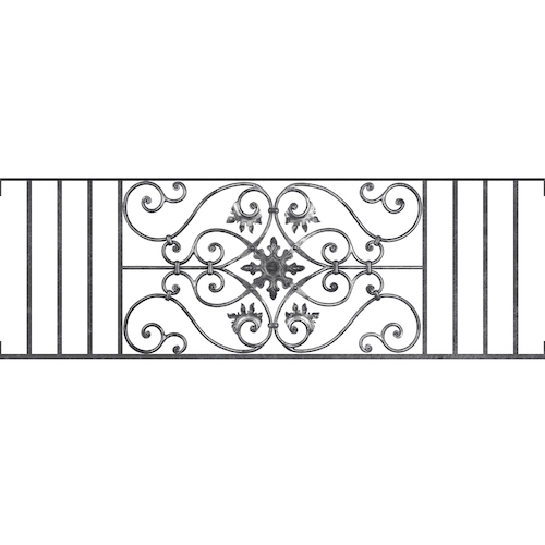 Appui de fenêtre type AF002 à visser dans votre tableau de fenêtre. Longueur finie de 1510mm et Hauteur finie de 502mm. Convient pour les tableaux de fenêtre de 1510mm. Main courante laminée de 1510mm de long en fer forgé sur le dessus. Motif au centre de 830mm de long par 480mm de haut. Le reste de la structure est en acier carré plein de 14mm de section.