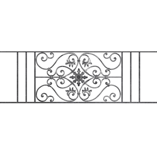 Appui de fenêtre type AF002 à sceller dans votre tableau de fenêtre. Longueur finie de 1520mm et Hauteur finie de 502mm. Convient pour les tableaux de fenêtre de 1420mm. 50mm de scellement sont prévue de chaque côté. Main courante laminée de 1420mm de long en fer forgé sur le dessus. Motif au centre de 830mm de long par 480mm de haut. Le reste de la structure est en acier carré plein de 14mm de section.