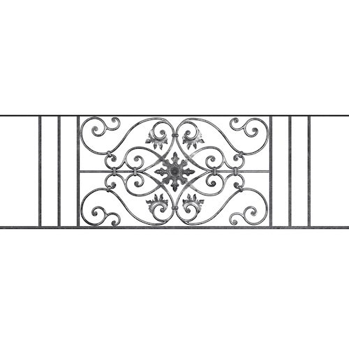 Appui de fenêtre type AF002 à sceller dans votre tableau de fenêtre. Longueur finie de 1530mm et Hauteur finie de 502mm. Convient pour les tableaux de fenêtre de 1430mm. 50mm de scellement sont prévue de chaque côté. Main courante laminée de 1430mm de long en fer forgé sur le dessus. Motif au centre de 830mm de long par 480mm de haut. Le reste de la structure est en acier carré plein de 14mm de section.