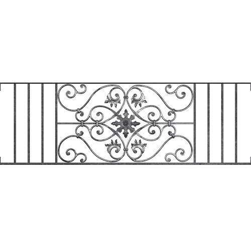 Appui de fenêtre type AF002 à visser dans votre tableau de fenêtre. Longueur finie de 1530mm et Hauteur finie de 502mm. Convient pour les tableaux de fenêtre de 1530mm. Main courante laminée de 1530mm de long en fer forgé sur le dessus. Motif au centre de 830mm de long par 480mm de haut. Le reste de la structure est en acier carré plein de 14mm de section.