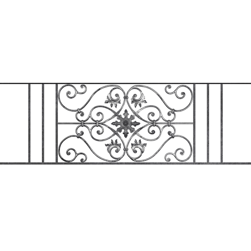 Appui de fenêtre type AF002 à sceller dans votre tableau de fenêtre. Longueur finie de 1540mm et Hauteur finie de 502mm. Convient pour les tableaux de fenêtre de 1440mm. 50mm de scellement sont prévue de chaque côté. Main courante laminée de 1440mm de long en fer forgé sur le dessus. Motif au centre de 830mm de long par 480mm de haut. Le reste de la structure est en acier carré plein de 14mm de section.