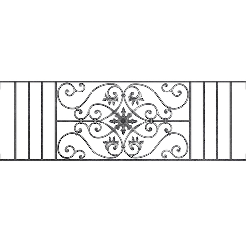 Appui de fenêtre type AF002 à visser dans votre tableau de fenêtre. Longueur finie de 1540mm et Hauteur finie de 502mm. Convient pour les tableaux de fenêtre de 1540mm. Main courante laminée de 1540mm de long en fer forgé sur le dessus. Motif au centre de 830mm de long par 480mm de haut. Le reste de la structure est en acier carré plein de 14mm de section.