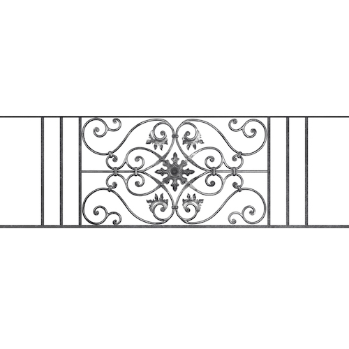 Appui de fenêtre type AF002 à sceller dans votre tableau de fenêtre. Longueur finie de 1560mm et Hauteur finie de 502mm. Convient pour les tableaux de fenêtre de 1460mm. 50mm de scellement sont prévue de chaque côté. Main courante laminée de 1460mm de long en fer forgé sur le dessus. Motif au centre de 830mm de long par 480mm de haut. Le reste de la structure est en acier carré plein de 14mm de section.