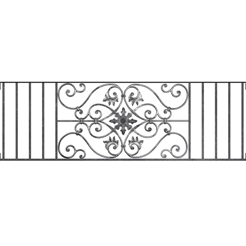 Appui de fenêtre type AF002 à visser dans votre tableau de fenêtre. Longueur finie de 1560mm et Hauteur finie de 502mm. Convient pour les tableaux de fenêtre de 1560mm. Main courante laminée de 1560mm de long en fer forgé sur le dessus. Motif au centre de 830mm de long par 480mm de haut. Le reste de la structure est en acier carré plein de 14mm de section.