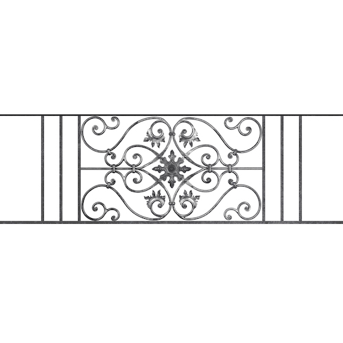 Appui de fenêtre type AF002 à sceller dans votre tableau de fenêtre. Longueur finie de 1570mm et Hauteur finie de 502mm. Convient pour les tableaux de fenêtre de 1470mm. 50mm de scellement sont prévue de chaque côté. Main courante laminée de 1470mm de long en fer forgé sur le dessus. Motif au centre de 830mm de long par 480mm de haut. Le reste de la structure est en acier carré plein de 14mm de section.