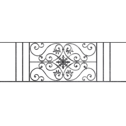 Appui de fenêtre type AF002 à sceller dans votre tableau de fenêtre. Longueur finie de 1580mm et Hauteur finie de 502mm. Convient pour les tableaux de fenêtre de 1480mm. 50mm de scellement sont prévue de chaque côté. Main courante laminée de 1480mm de long en fer forgé sur le dessus. Motif au centre de 830mm de long par 480mm de haut. Le reste de la structure est en acier carré plein de 14mm de section.