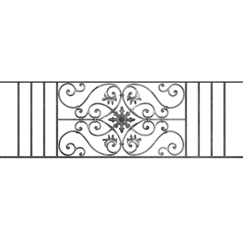 Appui de fenêtre type AF002 à sceller dans votre tableau de fenêtre. Longueur finie de 1590mm et Hauteur finie de 502mm. Convient pour les tableaux de fenêtre de 1490mm. 50mm de scellement sont prévue de chaque côté. Main courante laminée de 1490mm de long en fer forgé sur le dessus. Motif au centre de 830mm de long par 480mm de haut. Le reste de la structure est en acier carré plein de 14mm de section.