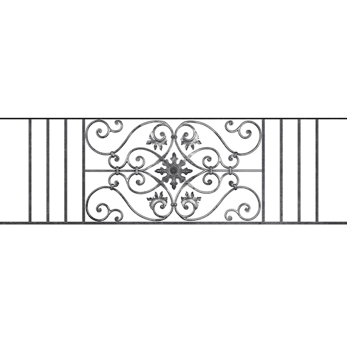 Appui de fenêtre type AF002 à sceller dans votre tableau de fenêtre. Longueur finie de 1630mm et Hauteur finie de 502mm. Convient pour les tableaux de fenêtre de 1530mm. 50mm de scellement sont prévue de chaque côté. Main courante laminée de 1530mm de long en fer forgé sur le dessus. Motif au centre de 830mm de long par 480mm de haut. Le reste de la structure est en acier carré plein de 14mm de section.