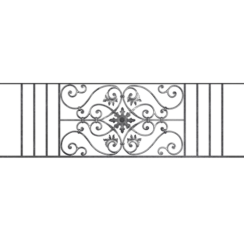 Appui de fenêtre type AF002 à sceller dans votre tableau de fenêtre. Longueur finie de 1640mm et Hauteur finie de 502mm. Convient pour les tableaux de fenêtre de 1540mm. 50mm de scellement sont prévue de chaque côté. Main courante laminée de 1540mm de long en fer forgé sur le dessus. Motif au centre de 830mm de long par 480mm de haut. Le reste de la structure est en acier carré plein de 14mm de section.