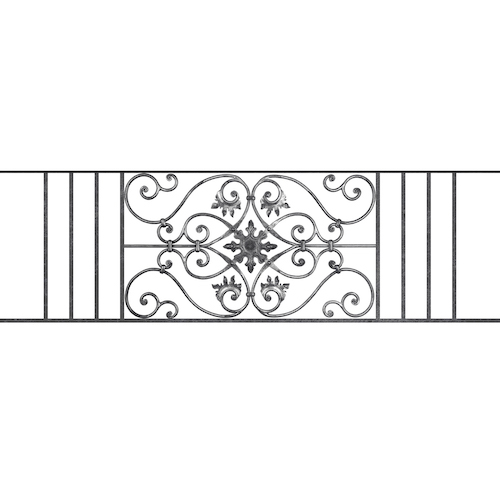 Appui de fenêtre type AF002 à sceller dans votre tableau de fenêtre. Longueur finie de 1650mm et Hauteur finie de 502mm. Convient pour les tableaux de fenêtre de 1550mm. 50mm de scellement sont prévue de chaque côté. Main courante laminée de 1550mm de long en fer forgé sur le dessus. Motif au centre de 830mm de long par 480mm de haut. Le reste de la structure est en acier carré plein de 14mm de section.