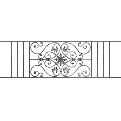 Appui de fenêtre type AF002 à sceller dans votre tableau de fenêtre. Longueur finie de 1660mm et Hauteur finie de 502mm. Convient pour les tableaux de fenêtre de 1560mm. 50mm de scellement sont prévue de chaque côté. Main courante laminée de 1560mm de long en fer forgé sur le dessus. Motif au centre de 830mm de long par 480mm de haut. Le reste de la structure est en acier carré plein de 14mm de section.