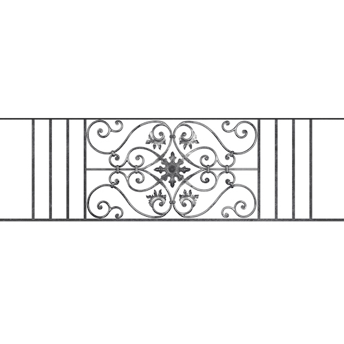 Appui de fenêtre type AF002 à sceller dans votre tableau de fenêtre. Longueur finie de 1670mm et Hauteur finie de 502mm. Convient pour les tableaux de fenêtre de 1570mm. 50mm de scellement sont prévue de chaque côté. Main courante laminée de 1570mm de long en fer forgé sur le dessus. Motif au centre de 830mm de long par 480mm de haut. Le reste de la structure est en acier carré plein de 14mm de section.