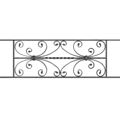 Appui de fenêtre type AF003 à sceller dans votre tableau de fenêtre. Longueur finie de 1000mm et Hauteur finie de 320mm. Convient pour les tableaux de fenêtre de 900mm. 50mm de scellement sont prévue de chaque côté. Main courante laminée de 900mm de long en fer forgé sur le dessus. Motif au centre de 760mm de long par 300mm de haut. Le reste de la structure est en acier carré plein de 12mm de section.