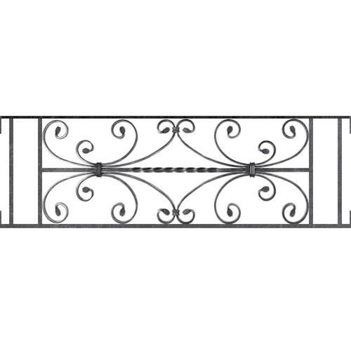 Appui de fenêtre type AF003 à visser dans votre tableau de fenêtre. Longueur finie de 1000mm et Hauteur finie de 320mm. Convient pour les tableaux de fenêtre de 1000mm. Main courante laminée de 1000mm de long en fer forgé sur le dessus. Motif au centre de 760mm de long par 300mm de haut. Le reste de la structure est en acier carré plein de 12mm de section.