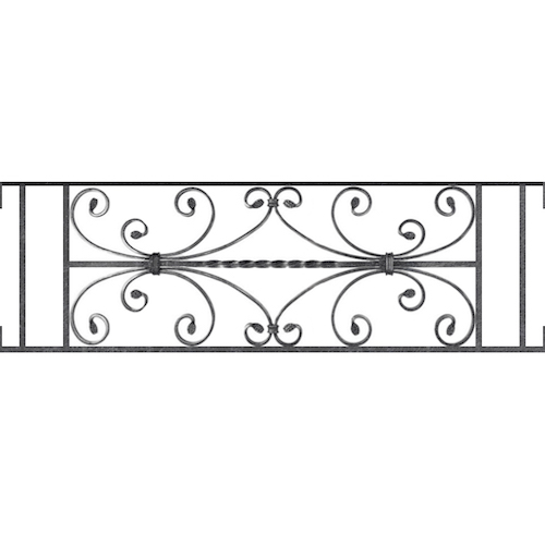 Appui de fenêtre type AF003 à visser dans votre tableau de fenêtre. Longueur finie de 1020mm et Hauteur finie de 320mm. Convient pour les tableaux de fenêtre de 1020mm. Main courante laminée de 1020mm de long en fer forgé sur le dessus. Motif au centre de 760mm de long par 300mm de haut. Le reste de la structure est en acier carré plein de 12mm de section.