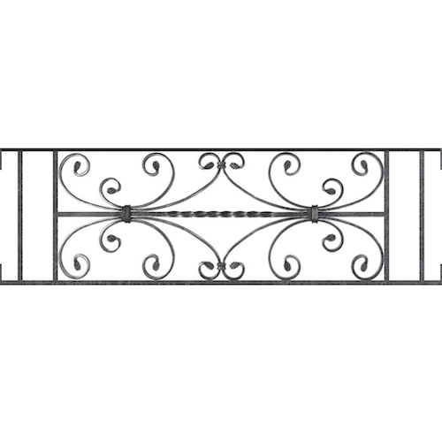 Appui de fenêtre type AF003 à visser dans votre tableau de fenêtre. Longueur finie de 1030mm et Hauteur finie de 320mm. Convient pour les tableaux de fenêtre de 1030mm. Main courante laminée de 1030mm de long en fer forgé sur le dessus. Motif au centre de 760mm de long par 300mm de haut. Le reste de la structure est en acier carré plein de 12mm de section.