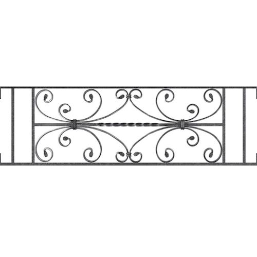 Appui de fenêtre type AF003 à visser dans votre tableau de fenêtre. Longueur finie de 1040mm et Hauteur finie de 320mm. Convient pour les tableaux de fenêtre de 1040mm. Main courante laminée de 1040mm de long en fer forgé sur le dessus. Motif au centre de 760mm de long par 300mm de haut. Le reste de la structure est en acier carré plein de 12mm de section.