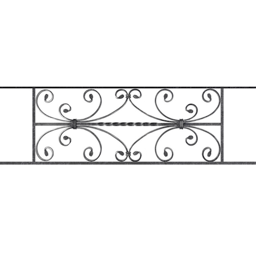 Appui de fenêtre type AF003 à sceller dans votre tableau de fenêtre. Longueur finie de 1050mm et Hauteur finie de 320mm. Convient pour les tableaux de fenêtre de 950mm. 50mm de scellement sont prévue de chaque côté. Main courante laminée de 950mm de long en fer forgé sur le dessus. Motif au centre de 760mm de long par 300mm de haut. Le reste de la structure est en acier carré plein de 12mm de section.