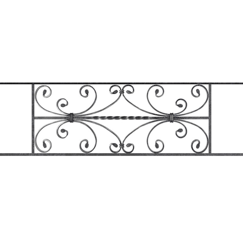 Appui de fenêtre type AF003 à sceller dans votre tableau de fenêtre. Longueur finie de 1060mm et Hauteur finie de 320mm. Convient pour les tableaux de fenêtre de 960mm. 50mm de scellement sont prévue de chaque côté. Main courante laminée de 960mm de long en fer forgé sur le dessus. Motif au centre de 760mm de long par 300mm de haut. Le reste de la structure est en acier carré plein de 12mm de section.