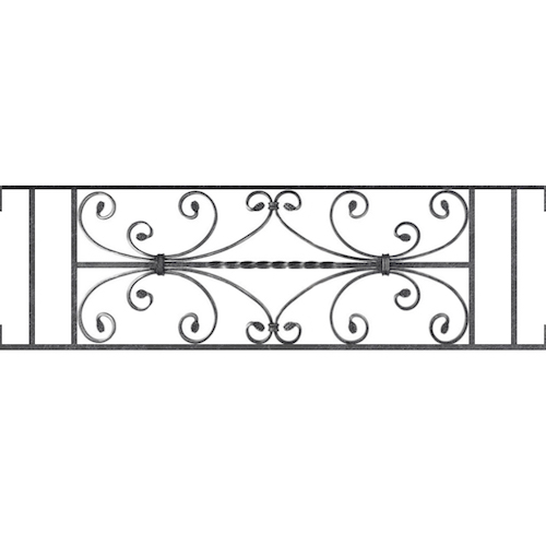 Appui de fenêtre type AF003 à visser dans votre tableau de fenêtre. Longueur finie de 1060mm et Hauteur finie de 320mm. Convient pour les tableaux de fenêtre de 1060mm. Main courante laminée de 1060mm de long en fer forgé sur le dessus. Motif au centre de 760mm de long par 300mm de haut. Le reste de la structure est en acier carré plein de 12mm de section.