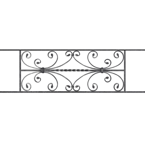 Appui de fenêtre type AF003 à sceller dans votre tableau de fenêtre. Longueur finie de 1070mm et Hauteur finie de 320mm. Convient pour les tableaux de fenêtre de 970mm. 50mm de scellement sont prévue de chaque côté. Main courante laminée de 970mm de long en fer forgé sur le dessus. Motif au centre de 760mm de long par 300mm de haut. Le reste de la structure est en acier carré plein de 12mm de section.