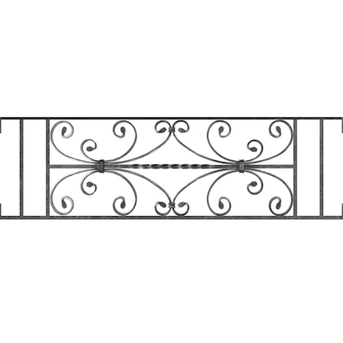 Appui de fenêtre type AF003 à visser dans votre tableau de fenêtre. Longueur finie de 1070mm et Hauteur finie de 320mm. Convient pour les tableaux de fenêtre de 1070mm. Main courante laminée de 1070mm de long en fer forgé sur le dessus. Motif au centre de 760mm de long par 300mm de haut. Le reste de la structure est en acier carré plein de 12mm de section.