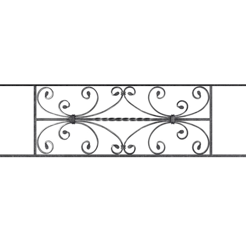 Appui de fenêtre type AF003 à sceller dans votre tableau de fenêtre. Longueur finie de 1080mm et Hauteur finie de 320mm. Convient pour les tableaux de fenêtre de 980mm. 50mm de scellement sont prévue de chaque côté. Main courante laminée de 980mm de long en fer forgé sur le dessus. Motif au centre de 760mm de long par 300mm de haut. Le reste de la structure est en acier carré plein de 12mm de section.