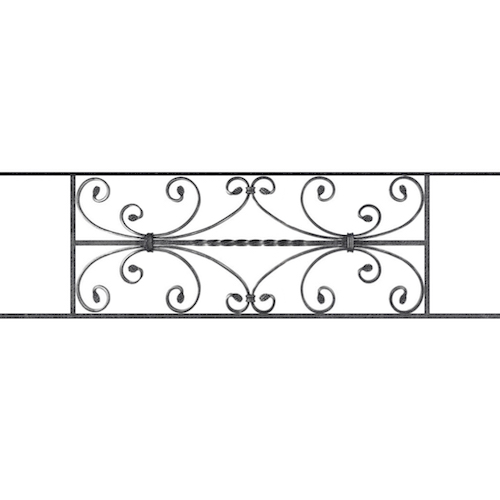 Appui de fenêtre type AF003 à sceller dans votre tableau de fenêtre. Longueur finie de 1090mm et Hauteur finie de 320mm. Convient pour les tableaux de fenêtre de 990mm. 50mm de scellement sont prévue de chaque côté. Main courante laminée de 990mm de long en fer forgé sur le dessus. Motif au centre de 760mm de long par 300mm de haut. Le reste de la structure est en acier carré plein de 12mm de section.