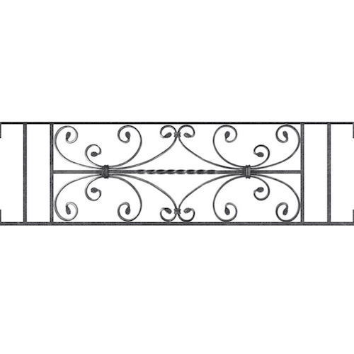 Appui de fenêtre type AF003 à visser dans votre tableau de fenêtre. Longueur finie de 1090mm et Hauteur finie de 320mm. Convient pour les tableaux de fenêtre de 1090mm. Main courante laminée de 1090mm de long en fer forgé sur le dessus. Motif au centre de 760mm de long par 300mm de haut. Le reste de la structure est en acier carré plein de 12mm de section.