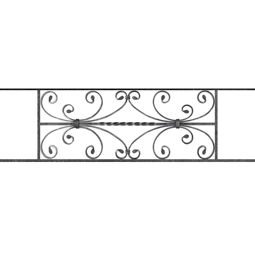 Appui de fenêtre type AF003 à sceller dans votre tableau de fenêtre. Longueur finie de 1110mm et Hauteur finie de 320mm. Convient pour les tableaux de fenêtre de 1010mm. 50mm de scellement sont prévue de chaque côté. Main courante laminée de 1010mm de long en fer forgé sur le dessus. Motif au centre de 760mm de long par 300mm de haut. Le reste de la structure est en acier carré plein de 12mm de section.