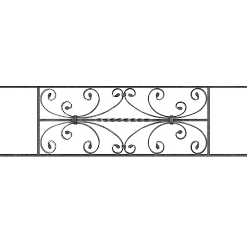 Appui de fenêtre type AF003 à sceller dans votre tableau de fenêtre. Longueur finie de 1120mm et Hauteur finie de 320mm. Convient pour les tableaux de fenêtre de 1020mm. 50mm de scellement sont prévue de chaque côté. Main courante laminée de 1020mm de long en fer forgé sur le dessus. Motif au centre de 760mm de long par 300mm de haut. Le reste de la structure est en acier carré plein de 12mm de section.
