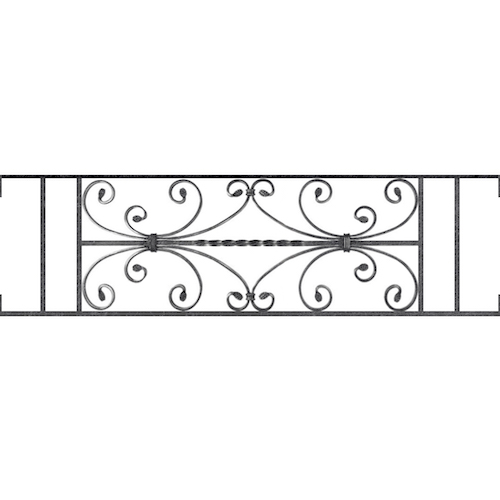Appui de fenêtre type AF003 à visser dans votre tableau de fenêtre. Longueur finie de 1130mm et Hauteur finie de 320mm. Convient pour les tableaux de fenêtre de 1130mm. Main courante laminée de 1130mm de long en fer forgé sur le dessus. Motif au centre de 760mm de long par 300mm de haut. Le reste de la structure est en acier carré plein de 12mm de section.