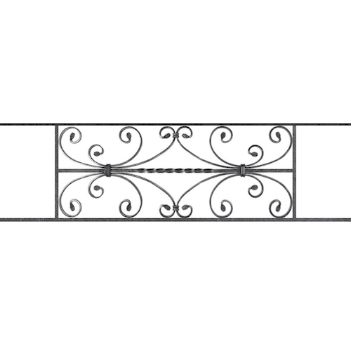 Appui de fenêtre type AF003 à sceller dans votre tableau de fenêtre. Longueur finie de 1140mm et Hauteur finie de 320mm. Convient pour les tableaux de fenêtre de 1040mm. 50mm de scellement sont prévue de chaque côté. Main courante laminée de 1040mm de long en fer forgé sur le dessus. Motif au centre de 760mm de long par 300mm de haut. Le reste de la structure est en acier carré plein de 12mm de section.