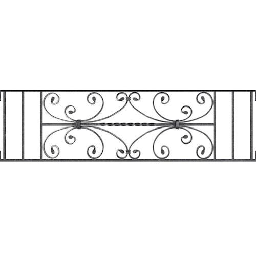 Appui de fenêtre type AF003 à visser dans votre tableau de fenêtre. Longueur finie de 1140mm et Hauteur finie de 320mm. Convient pour les tableaux de fenêtre de 1140mm. Main courante laminée de 1140mm de long en fer forgé sur le dessus. Motif au centre de 760mm de long par 300mm de haut. Le reste de la structure est en acier carré plein de 12mm de section.