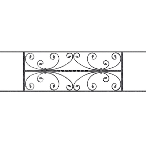 Appui de fenêtre type AF003 à sceller dans votre tableau de fenêtre. Longueur finie de 1150mm et Hauteur finie de 320mm. Convient pour les tableaux de fenêtre de 1050mm. 50mm de scellement sont prévue de chaque côté. Main courante laminée de 1050mm de long en fer forgé sur le dessus. Motif au centre de 760mm de long par 300mm de haut. Le reste de la structure est en acier carré plein de 12mm de section.
