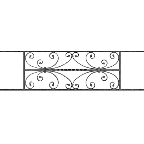 Appui de fenêtre type AF003 à sceller dans votre tableau de fenêtre. Longueur finie de 1160mm et Hauteur finie de 320mm. Convient pour les tableaux de fenêtre de 1060mm. 50mm de scellement sont prévue de chaque côté. Main courante laminée de 1060mm de long en fer forgé sur le dessus. Motif au centre de 760mm de long par 300mm de haut. Le reste de la structure est en acier carré plein de 12mm de section.