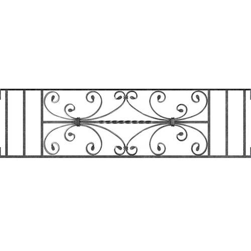 Appui de fenêtre type AF003 à visser dans votre tableau de fenêtre. Longueur finie de 1160mm et Hauteur finie de 320mm. Convient pour les tableaux de fenêtre de 1160mm. Main courante laminée de 1160mm de long en fer forgé sur le dessus. Motif au centre de 760mm de long par 300mm de haut. Le reste de la structure est en acier carré plein de 12mm de section.