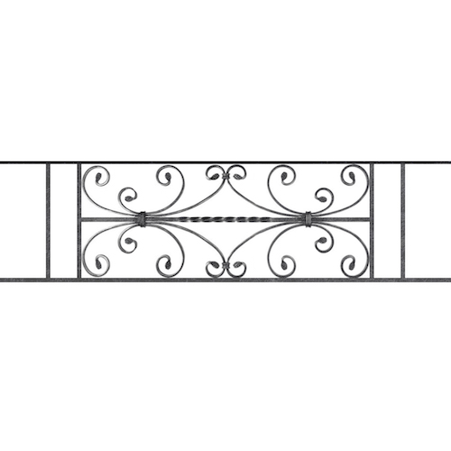 Appui de fenêtre type AF003 à sceller dans votre tableau de fenêtre. Longueur finie de 1190mm et Hauteur finie de 320mm. Convient pour les tableaux de fenêtre de 1090mm. 50mm de scellement sont prévue de chaque côté. Main courante laminée de 1090mm de long en fer forgé sur le dessus. Motif au centre de 760mm de long par 300mm de haut. Le reste de la structure est en acier carré plein de 12mm de section.