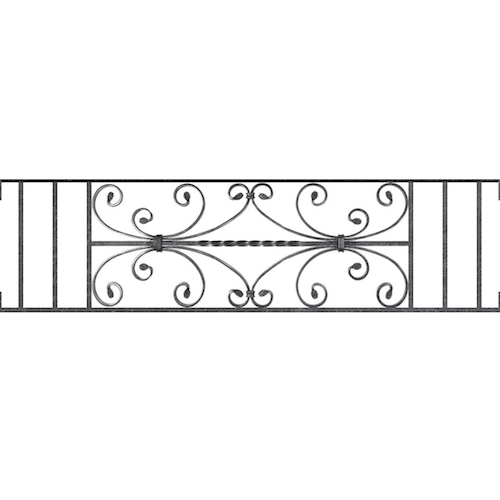 Appui de fenêtre type AF003 à visser dans votre tableau de fenêtre. Longueur finie de 1200mm et Hauteur finie de 320mm. Convient pour les tableaux de fenêtre de 1200mm. Main courante laminée de 1200mm de long en fer forgé sur le dessus. Motif au centre de 760mm de long par 300mm de haut. Le reste de la structure est en acier carré plein de 12mm de section.