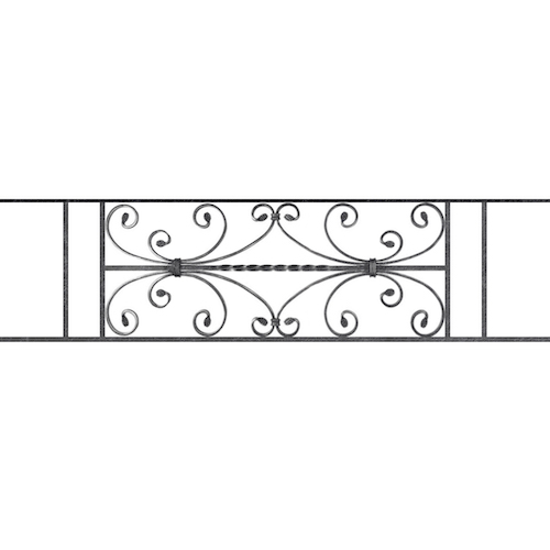 Appui de fenêtre type AF003 à sceller dans votre tableau de fenêtre. Longueur finie de 1230mm et Hauteur finie de 320mm. Convient pour les tableaux de fenêtre de 1130mm. 50mm de scellement sont prévue de chaque côté. Main courante laminée de 1130mm de long en fer forgé sur le dessus. Motif au centre de 760mm de long par 300mm de haut. Le reste de la structure est en acier carré plein de 12mm de section.