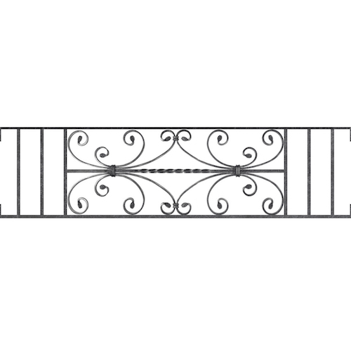 Appui de fenêtre type AF003 à visser dans votre tableau de fenêtre. Longueur finie de 1230mm et Hauteur finie de 320mm. Convient pour les tableaux de fenêtre de 1230mm. Main courante laminée de 1230mm de long en fer forgé sur le dessus. Motif au centre de 760mm de long par 300mm de haut. Le reste de la structure est en acier carré plein de 12mm de section.