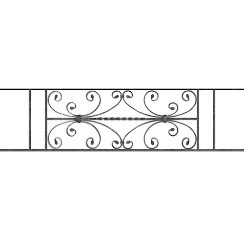 Appui de fenêtre type AF003 à sceller dans votre tableau de fenêtre. Longueur finie de 1240mm et Hauteur finie de 320mm. Convient pour les tableaux de fenêtre de 1140mm. 50mm de scellement sont prévue de chaque côté. Main courante laminée de 1140mm de long en fer forgé sur le dessus. Motif au centre de 760mm de long par 300mm de haut. Le reste de la structure est en acier carré plein de 12mm de section.