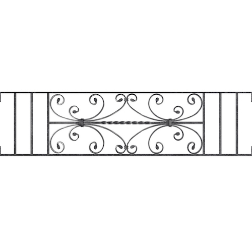 Appui de fenêtre type AF003 à visser dans votre tableau de fenêtre. Longueur finie de 1250mm et Hauteur finie de 320mm. Convient pour les tableaux de fenêtre de 1250mm. Main courante laminée de 1250mm de long en fer forgé sur le dessus. Motif au centre de 760mm de long par 300mm de haut. Le reste de la structure est en acier carré plein de 12mm de section.