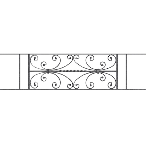 Appui de fenêtre type AF003 à sceller dans votre tableau de fenêtre. Longueur finie de 1280mm et Hauteur finie de 320mm. Convient pour les tableaux de fenêtre de 1180mm. 50mm de scellement sont prévue de chaque côté. Main courante laminée de 1180mm de long en fer forgé sur le dessus. Motif au centre de 760mm de long par 300mm de haut. Le reste de la structure est en acier carré plein de 12mm de section.