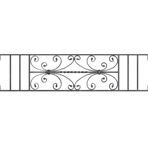 Appui de fenêtre type AF003 à visser dans votre tableau de fenêtre. Longueur finie de 1280mm et Hauteur finie de 320mm. Convient pour les tableaux de fenêtre de 1280mm. Main courante laminée de 1280mm de long en fer forgé sur le dessus. Motif au centre de 760mm de long par 300mm de haut. Le reste de la structure est en acier carré plein de 12mm de section.