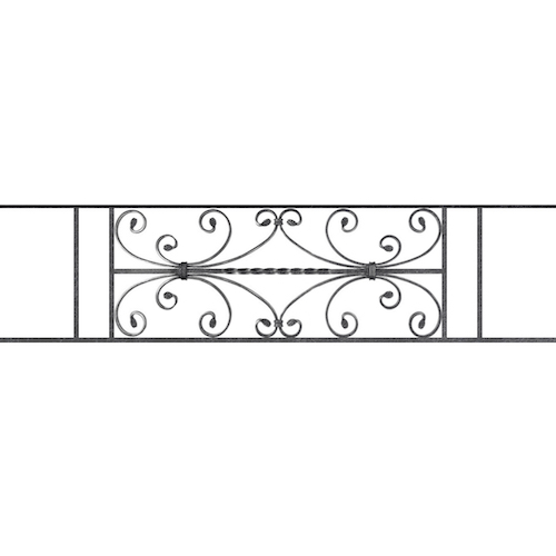 Appui de fenêtre type AF003 à sceller dans votre tableau de fenêtre. Longueur finie de 1290mm et Hauteur finie de 320mm. Convient pour les tableaux de fenêtre de 1190mm. 50mm de scellement sont prévue de chaque côté. Main courante laminée de 1190mm de long en fer forgé sur le dessus. Motif au centre de 760mm de long par 300mm de haut. Le reste de la structure est en acier carré plein de 12mm de section.